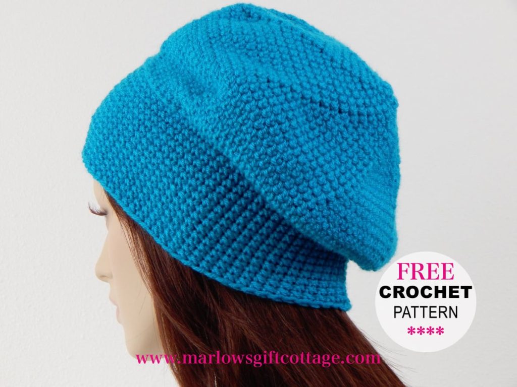 Easy crochet hat design for a winter slouchy hat with wide band and beret style slouch