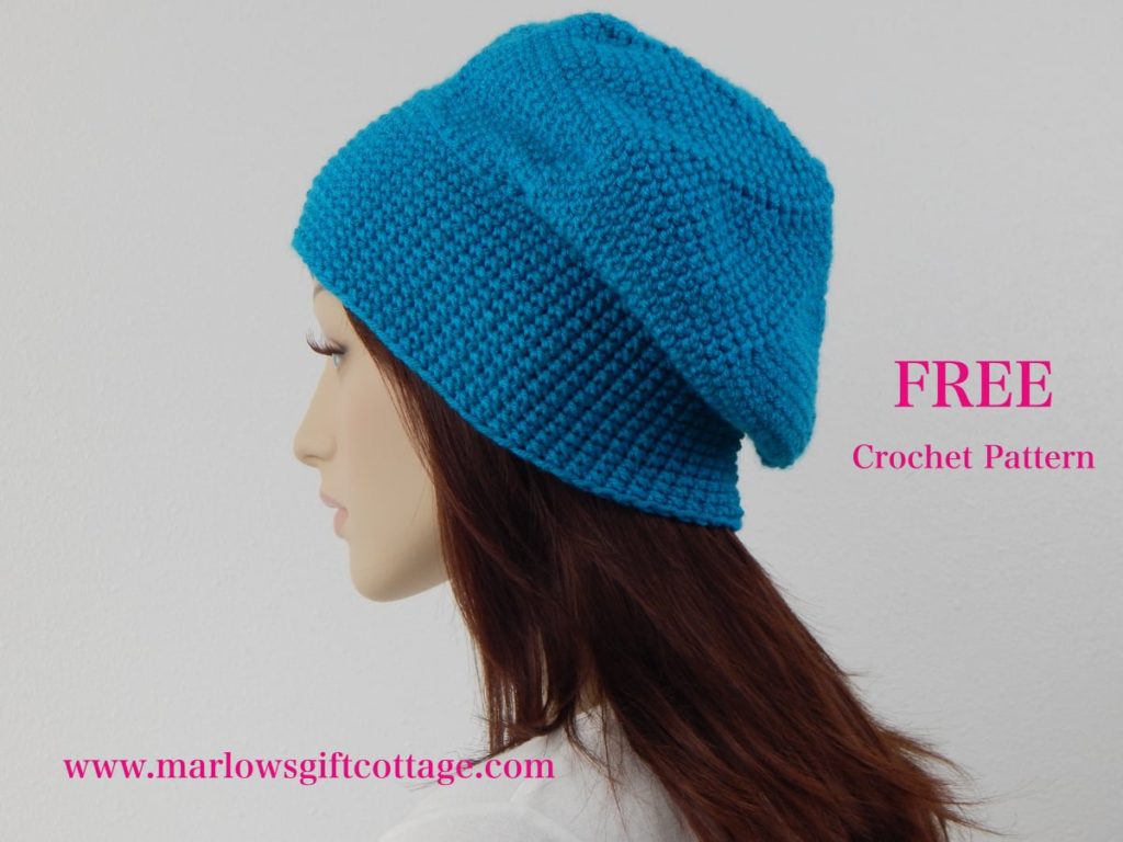 Easy crochet hat design for a winter slouchy hat with wide band and beret style slouch