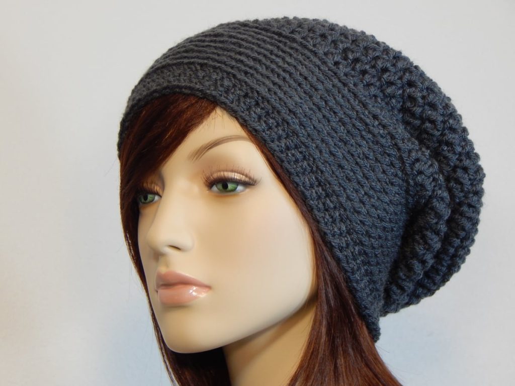 MarlowsGiftCottage Etsy Shop Mod Dark Grey Slouchy Hat, Beanie, Crochet Hat, Knit Hat, Hipster Fashion Accessory Hand Dyed Yarn